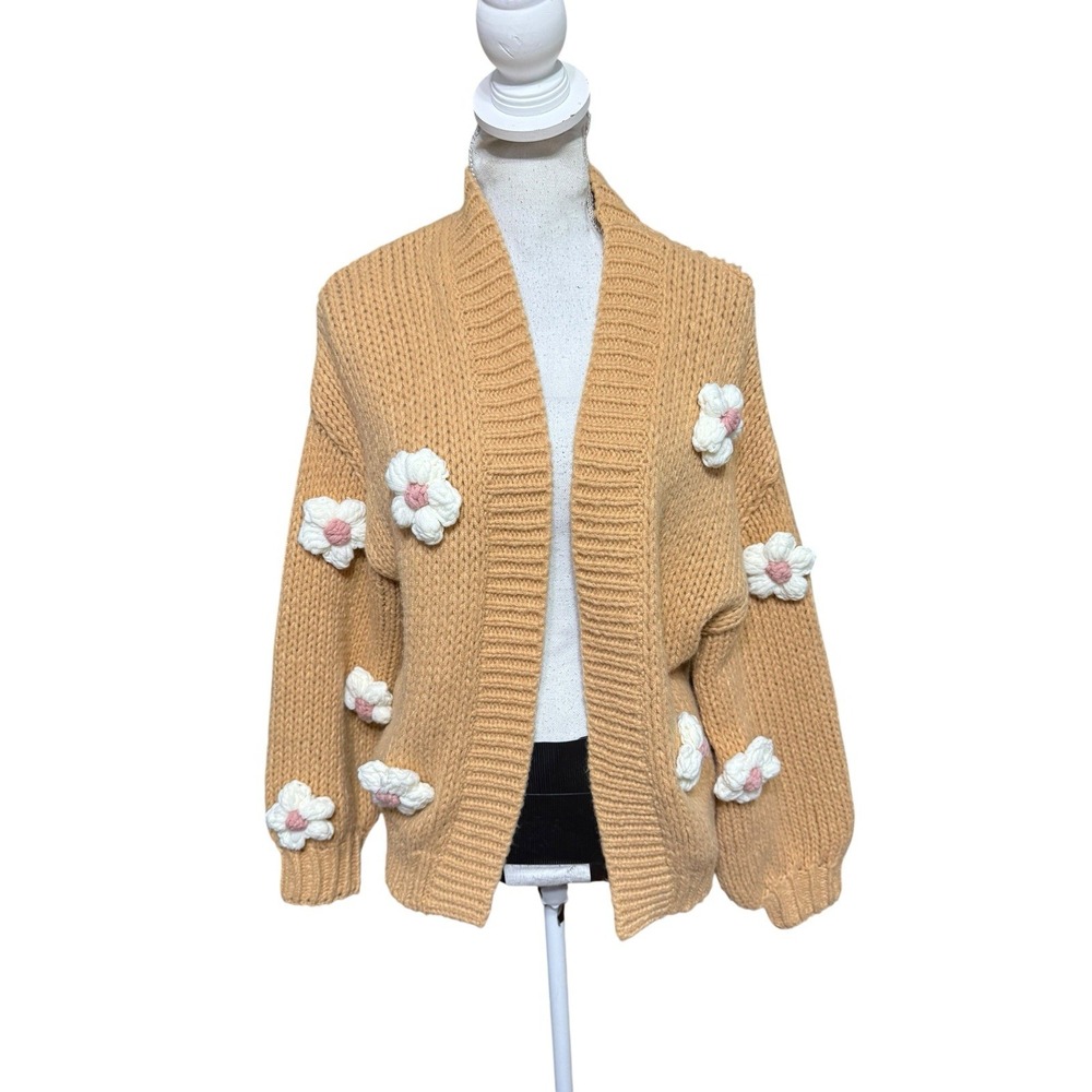 MAEVE BY ANTHROPOLOGIE WOMENS CHUNKY 3D FLOWER KNIT CARDIGAN SWEATER O/S GIRLY‎